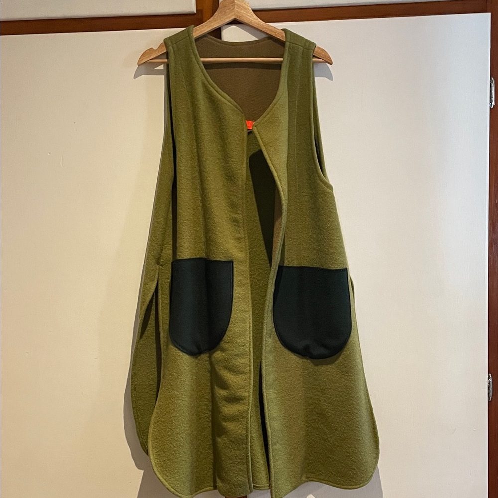 Canadian made Olive Green Wool Blanket Vest with Large Forest Green Pockets